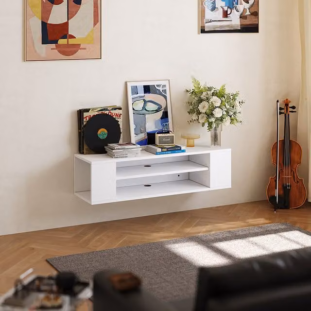 Livingandhome Modern 2 Layer Wall Mounted Floating TV Stand in White Matt Wood