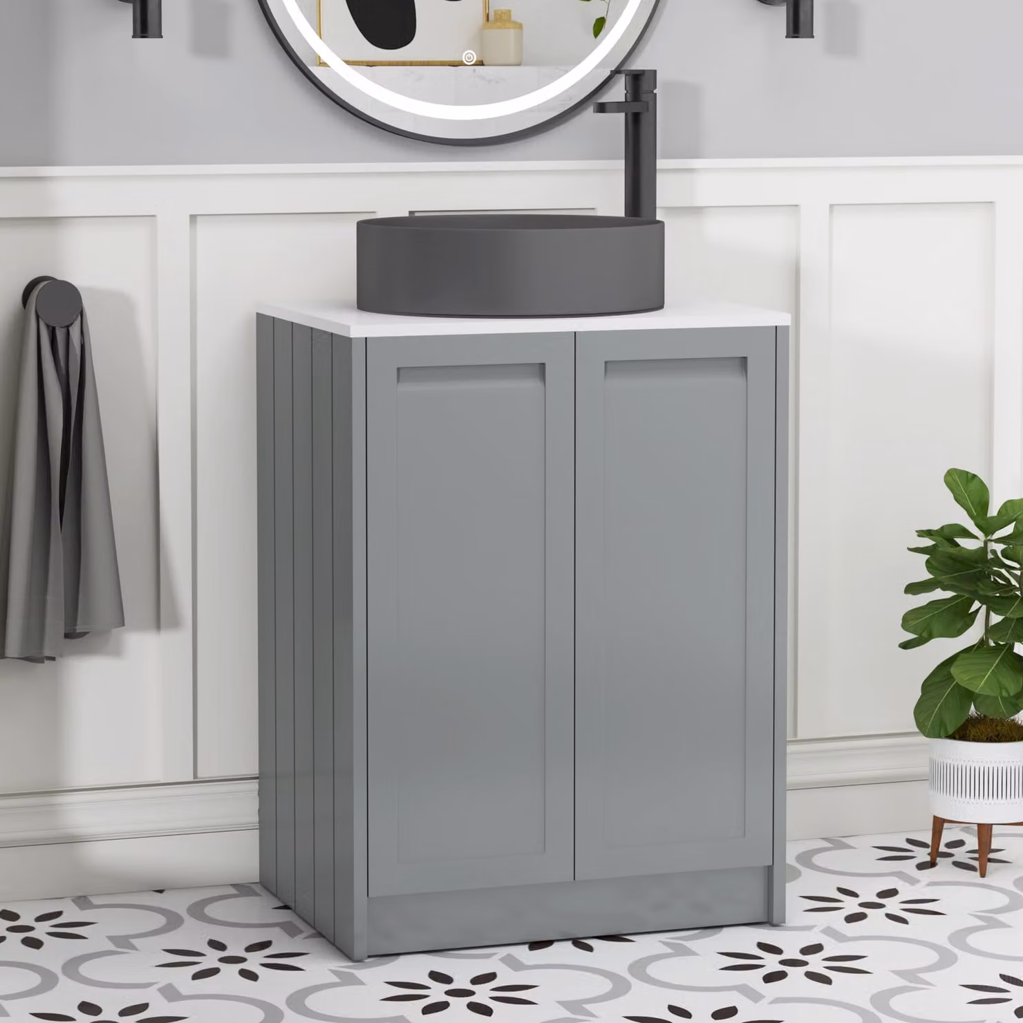 Royal Bathrooms Elmore 600mm Floor Standing 2 Door Vanity Unit in Matt Pebble Grey with Plain White Worktop and Art Round Basin