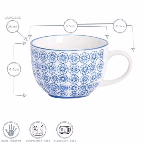 Nicola Spring Floral Hand-Printed Cappuccino Cups, Pack of 6, 250ml, Blue