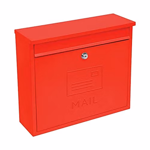 GardenKraft Contemporary Lockable Wall-Mounted Letterbox in Red, Galvanised Steel
