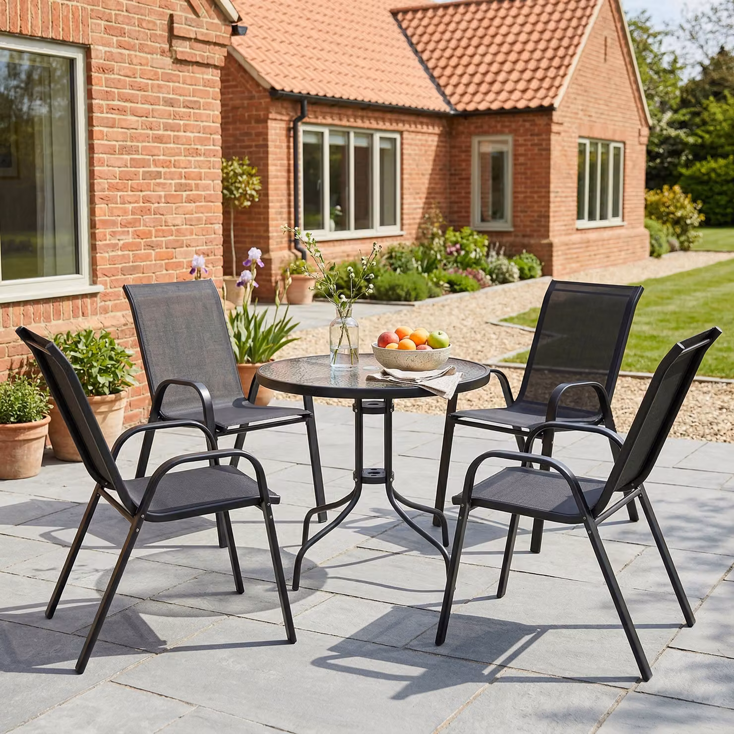 Outsunny Five-Piece Modern Patio Set with Round Glass-Top Table in Black Powder-Coated Steel – 8