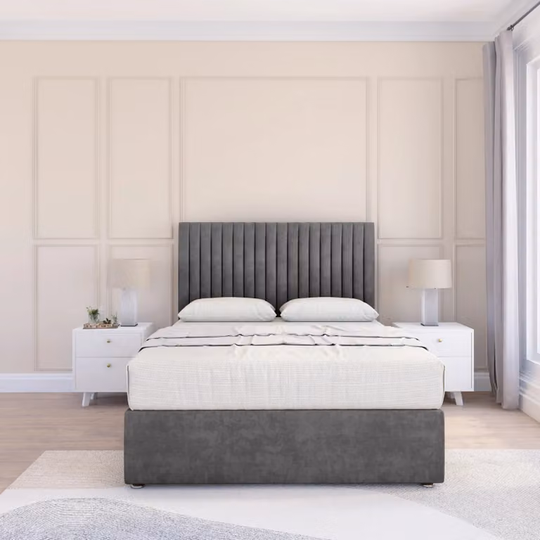 Sloomy Manhattan Upholstered Velvet Divan Bed Base and Floor Standing Headboard in Light Beige, W/D/H: 180 x 200 cm, King Size