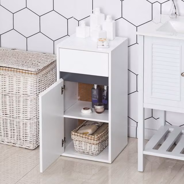 HOMOM Modern White Freestanding Bathroom Storage Cabinet with Internal Shelves and Hinged Doors