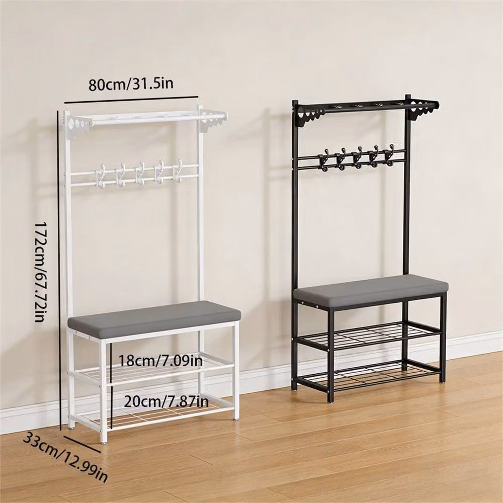 Nordara Modern Hall Tree with Padded Grey Fabric Seat, Shoe Rack and Black Metal Coat Hooks – 2