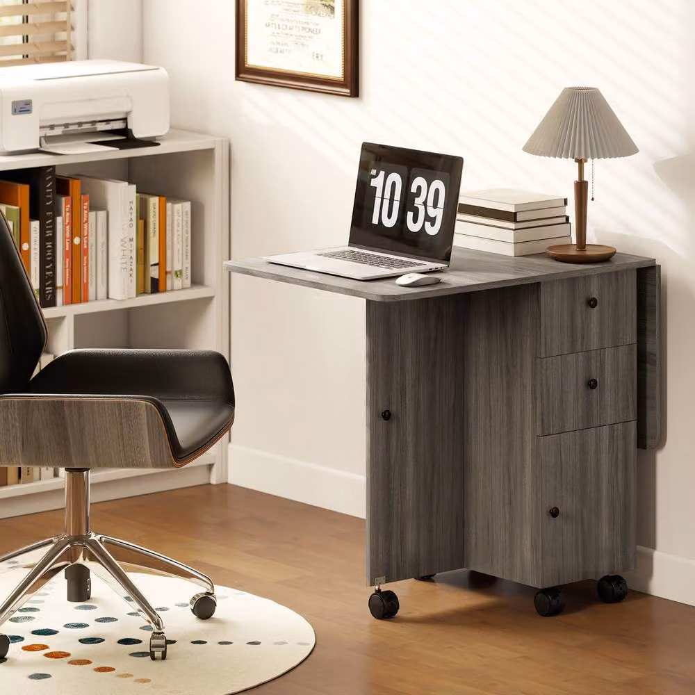 STILVORA Modern Grey Drop Leaf Rectangular Dining Table with Castors W/D/H: 120 x 76.5 x 6.0 cm – 8