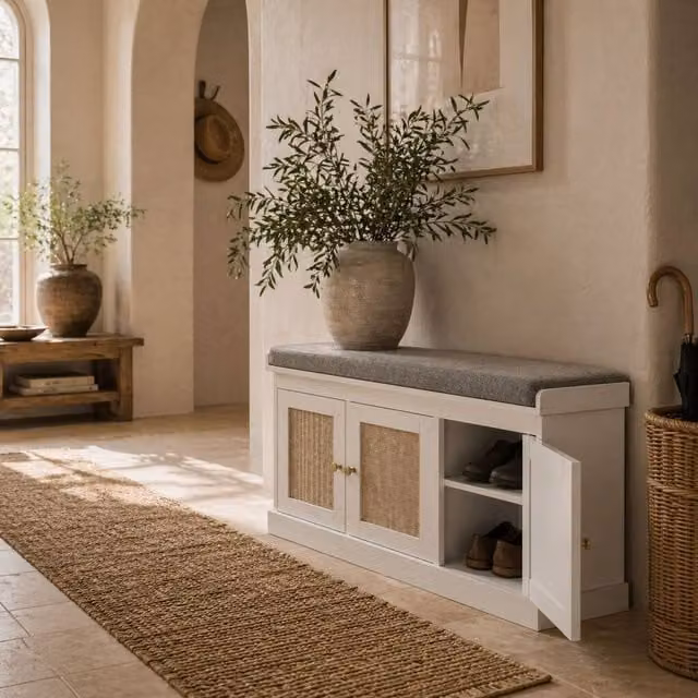 Wyld Haus White Wooden Shoe Bench with 3 Woven Rattan Doors and Grey Padded Seat – 1