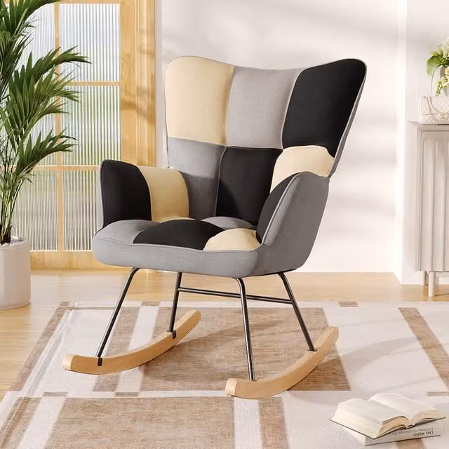 Livingandhome Boho Tufted Patchwork Upholstered Rocking Chair with Armrests in Multicoloured Grey Cotton and Linen Fabric with Metal Frame