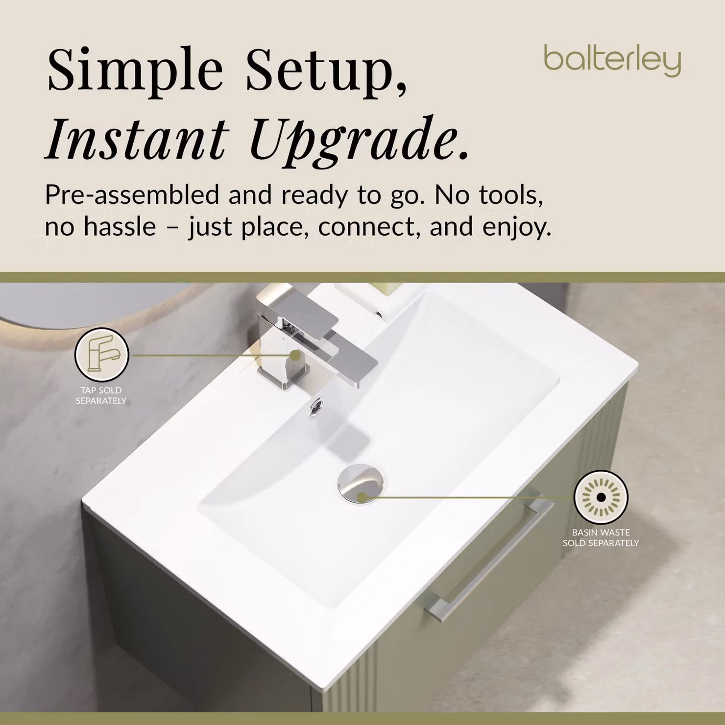 Balterley Wall Hung 1 Drawer Vanity Unit with Minimalist Basin, Satin Green, W: 60 cm – 2