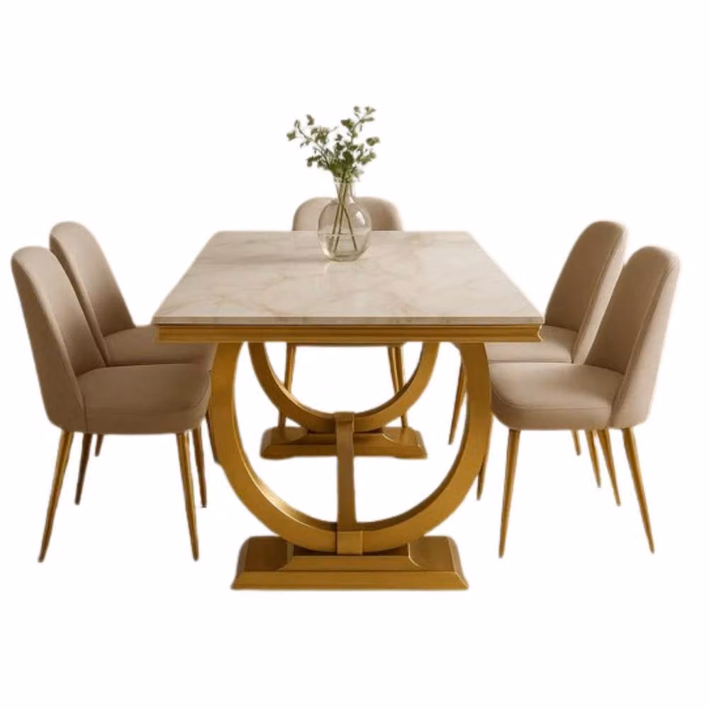 Stratus Interiors Chelsea Luxury Marble Dining Table with Gold Metal Pedestal in Ivory and Beige – 2