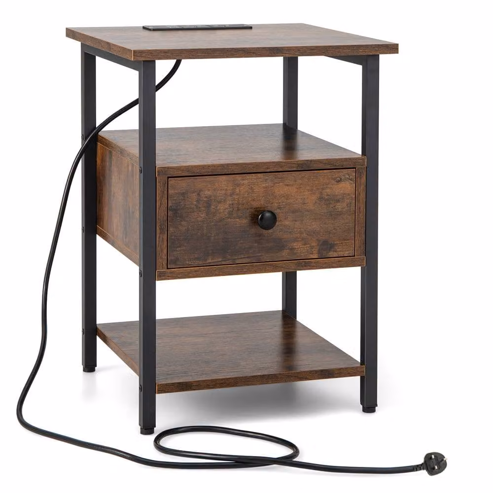Costway 3-Tier Brown Nightstand with Charging Station and Industrial Wood and Metal Design – 4