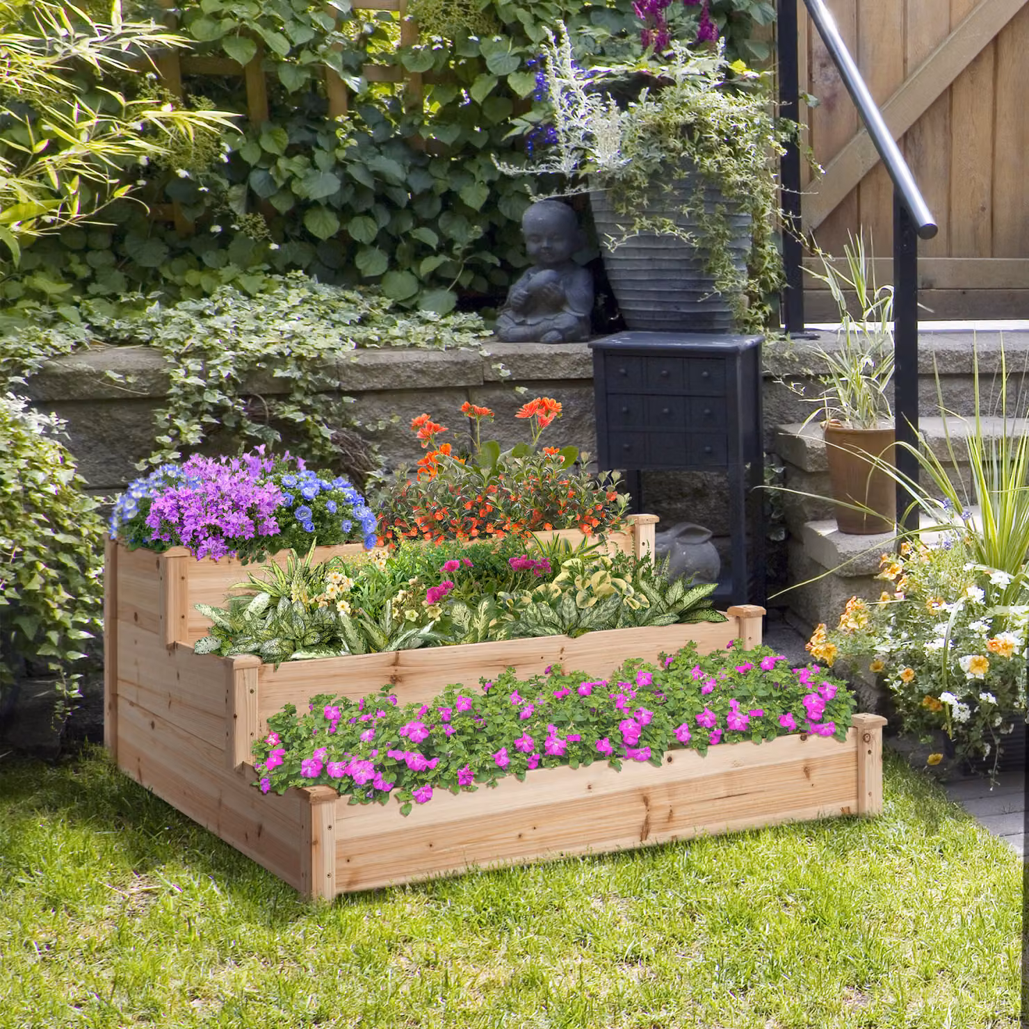Outsunny 3-Tier Wooden Raised Garden Bed Kit in Brown, W/D/H: 124 x 124 x 56 cm – 4