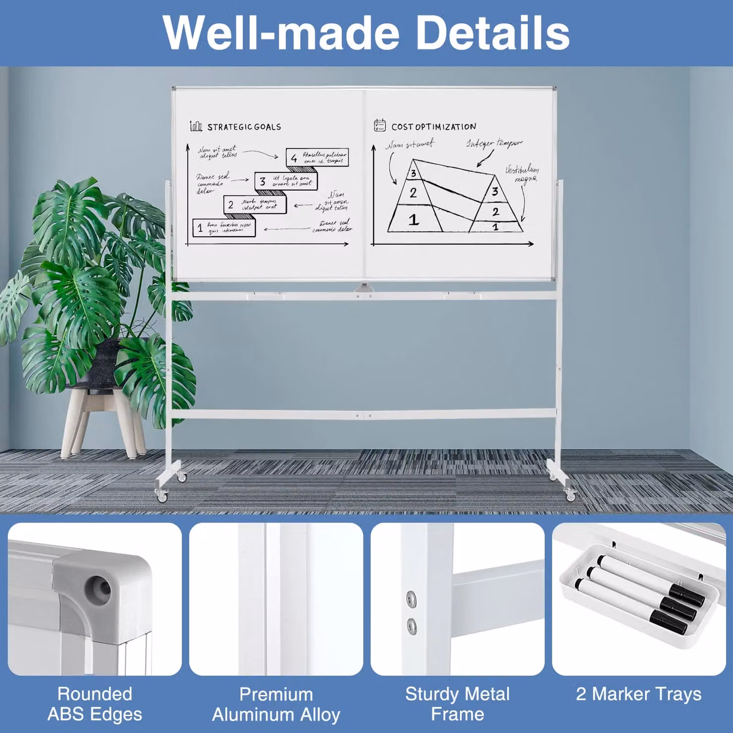 Costway Double-Sided Magnetic Rolling Whiteboard on Wheels, White, W: 180 cm, H: 90 cm – 2