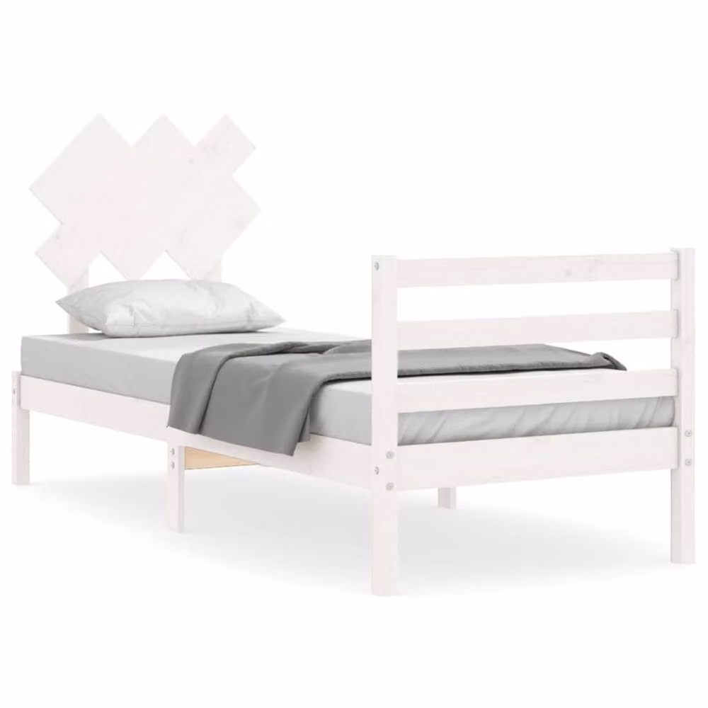 Berkfield Home Beautiful Solid Wood Bed Frame with Headboard in White, W/D/H: 90 x 200 x 81 cm – 2