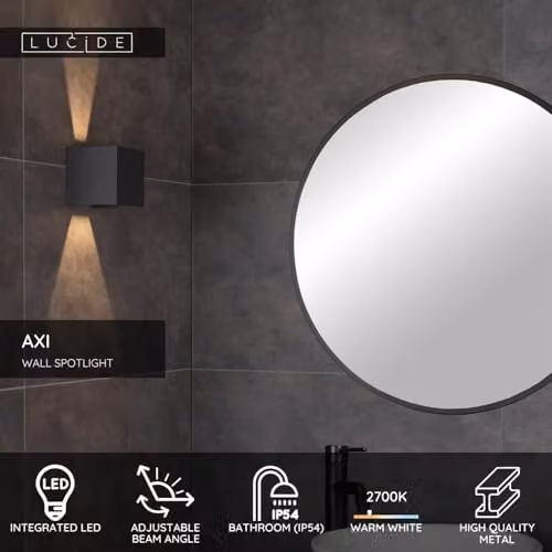 Lucide AXI Square LED Up and Down Bathroom Wall Spotlight in Black with Adjustable Beam Angle and IP54 Rating – 2