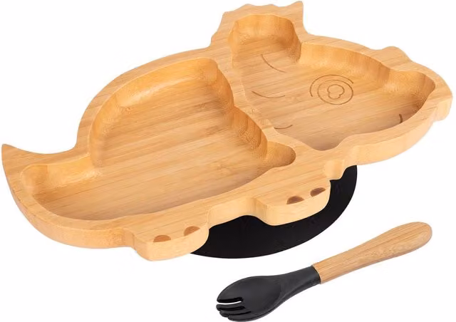 Tiny Dining Bamboo Dinosaur Baby Weaning Plate and Fork Set in Black and Brown
