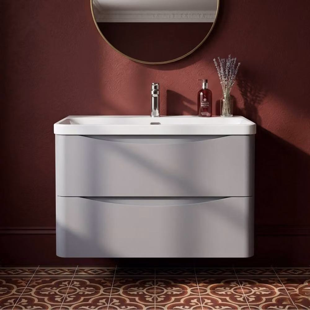 Balterley Arch Wall Hung 2 Drawer Bathroom Vanity with Ceramic Basin, Grey, Width: 80 cm – 5