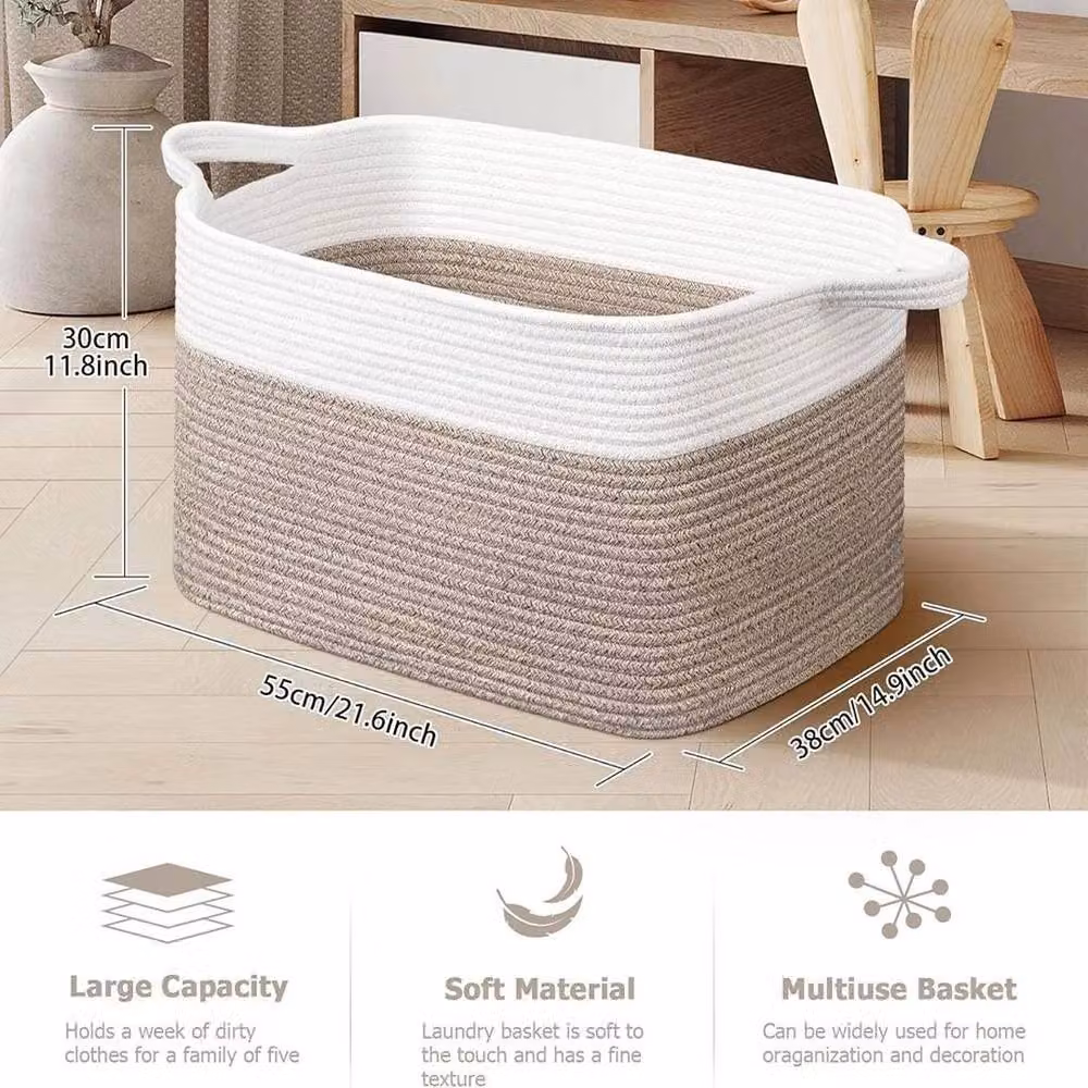 FLAVORA Large Cotton Storage and Laundry Basket in White and Brown, H: 55 cm x W: 38 cm x D: 30 cm – 2