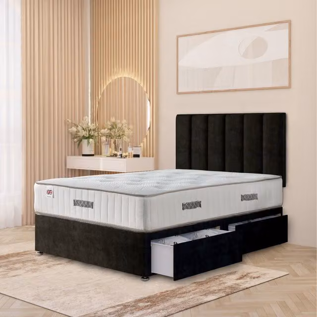 Somnior Beds Ltd Austin Plush Velvet Orthopaedic Divan Bed Set with Hybrid Mattress, Headboard and Drawers, Black, W/D/H: 180 x 200 cm