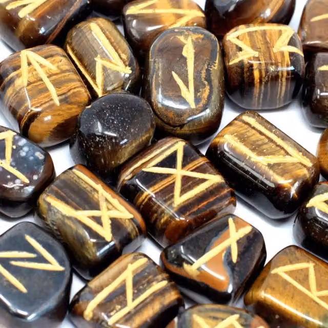 KDMK Tiger Eye Runes Stone Set in Pouch, Yellow and Brown