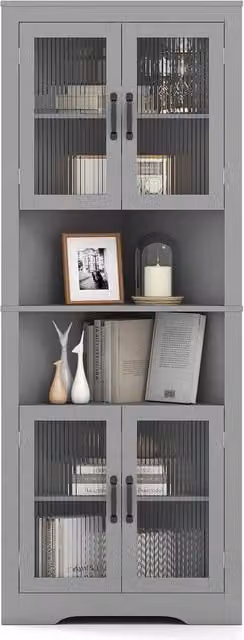 Costway 6-Tier Corner Storage Cabinet with 4 Glass Doors, Grey, Height: 170 cm