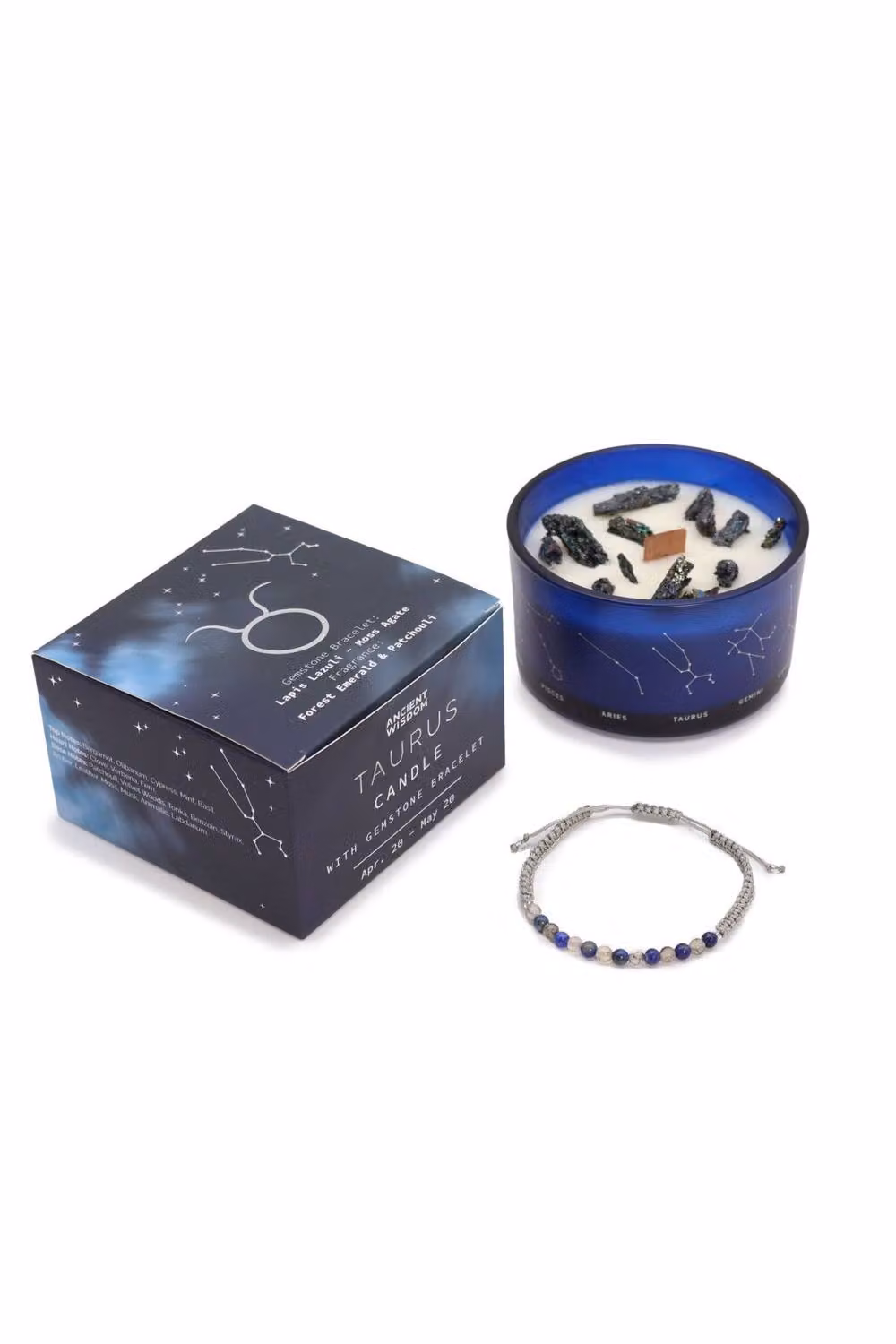 KDMD Zodiac Taurus Crystal Candle and Gemstone Bracelet Set in Forest Emerald Blue – 2