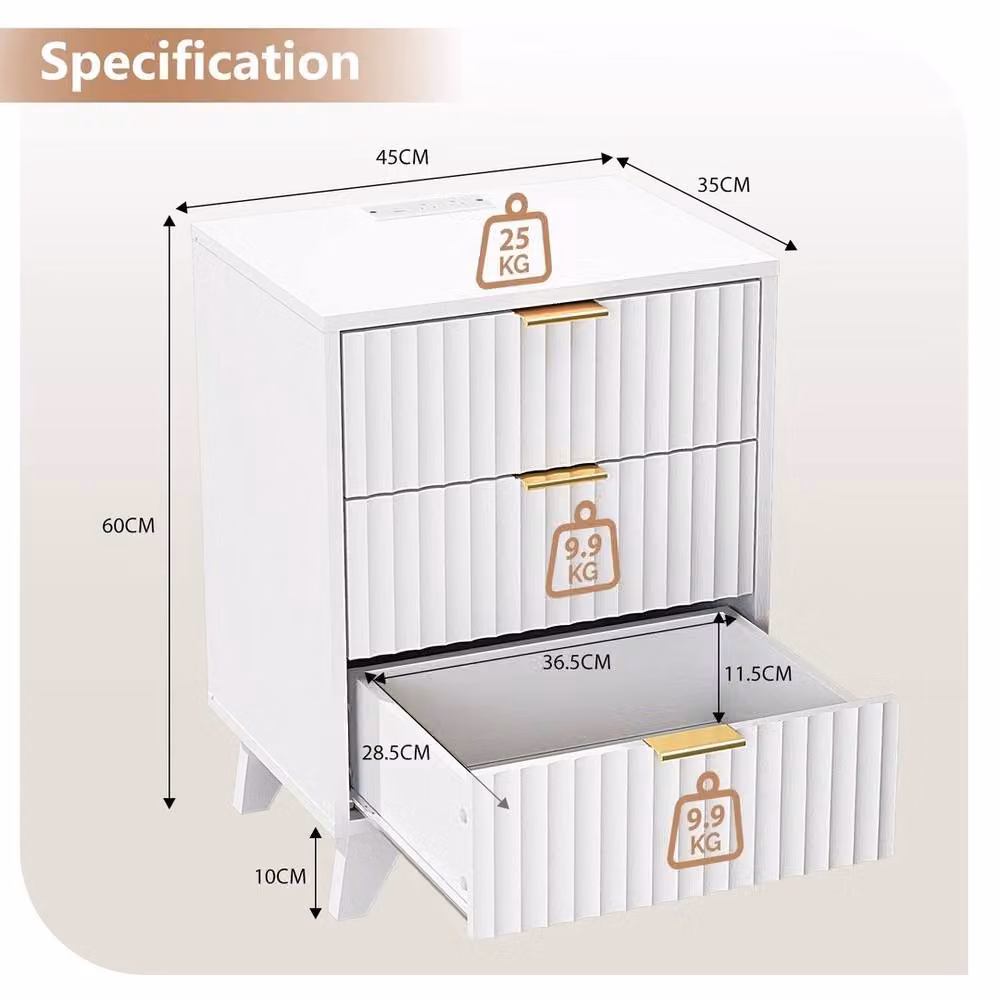 FORGEVIO Wood Bedside Table with 3 Drawers and Charging Station, White, W/D/H: 100 x 15 x 15 cm – 2
