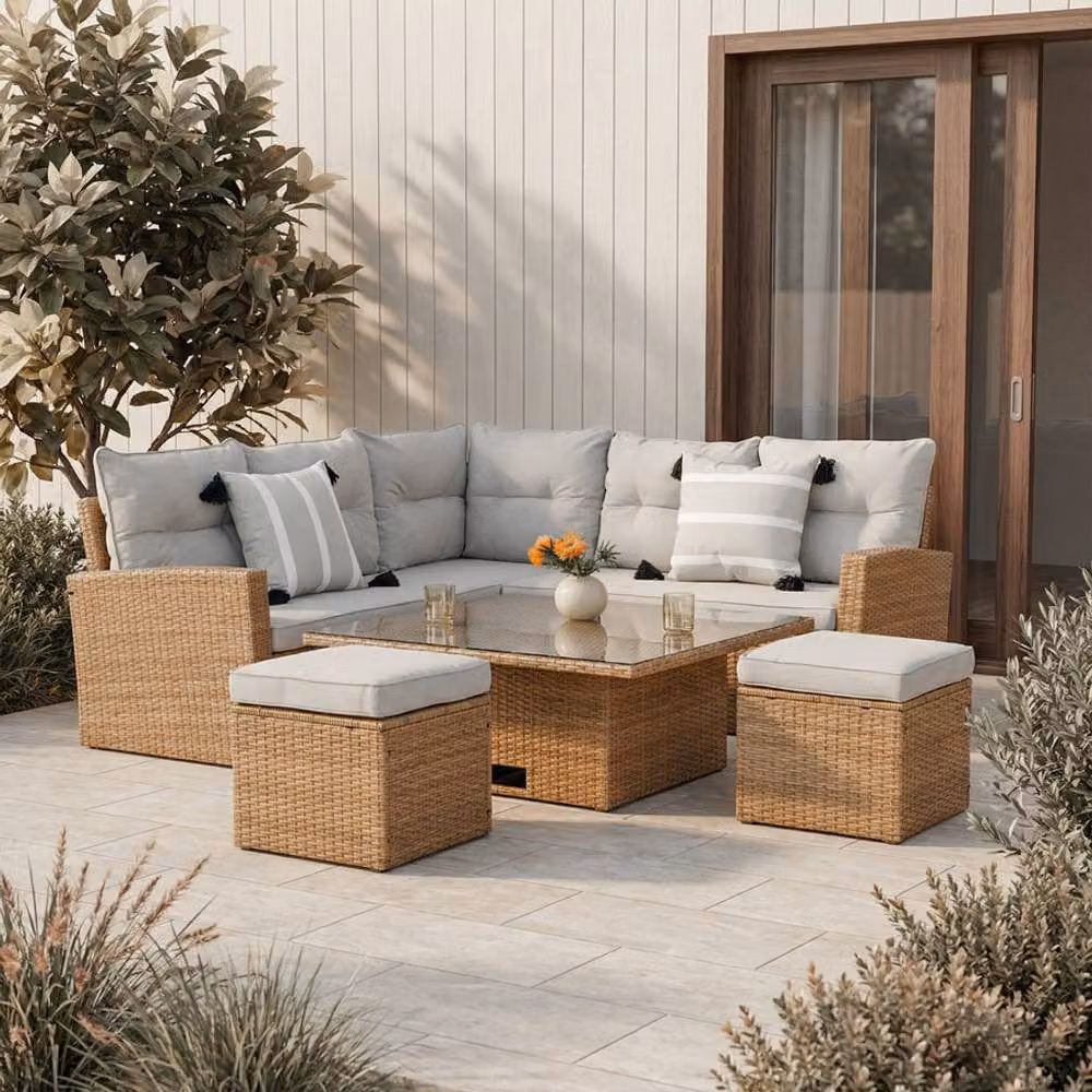 Home Garden Direct St.Tropez 6 Seater Garden Corner Sofa Set with Rising Table and Footstools in Brown Rattan – 2