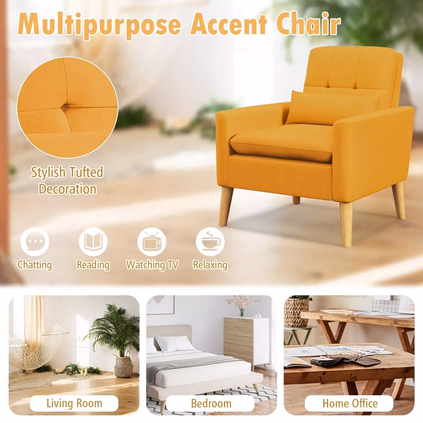 Costway Mid-century Modern Accent Chair in Yellow Linen Fabric with Pillow – 3