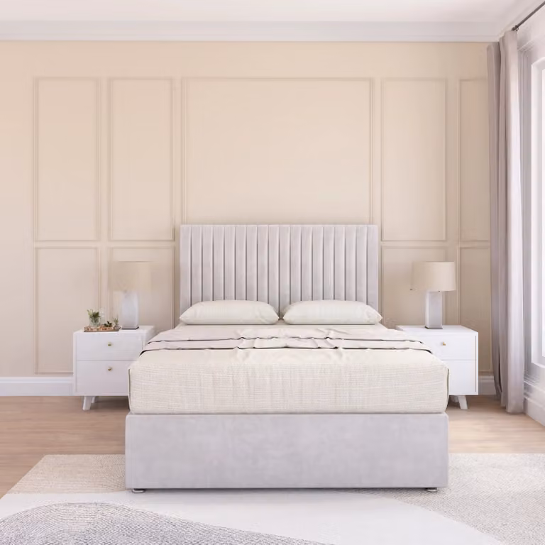 Sloomy Manhattan Super King Divan Bed Base with Floor Standing Headboard in Silver Velvet Fabric, W/D/H: 200 x 200 cm