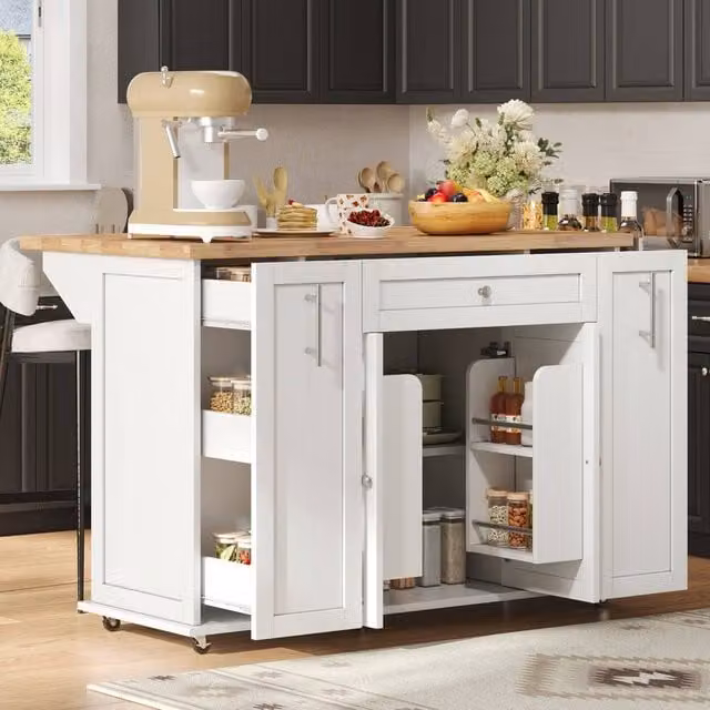 Merax Mobile Kitchen Island Trolley with Foldable Drop-Leaf Countertop in White, W: 120 cm, D: 70 cm, H: 3 cm