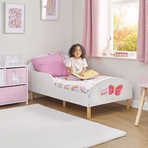 Liberty House Toys Spread Your Wings Kids Toddler Bed in White Solid Pine Wood, H: 68 cm, W: 74 cm, D: 144 cm