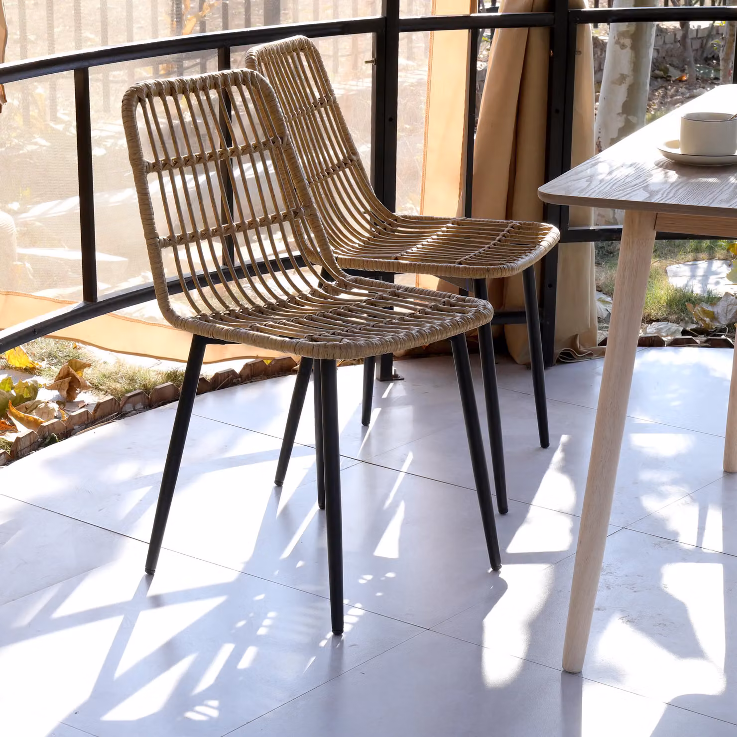 Nordlys Set of 4 Modern Dining Room Chairs with Brown Polyrattan and Black Metal Legs – 2