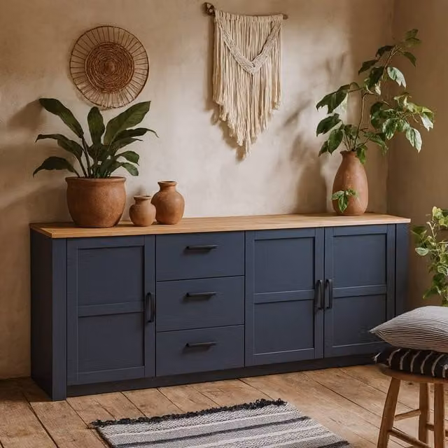 Wyld Haus Bramblecroft Large Navy and Natural Oak Sideboard with 3 Doors and 3 Soft-Close Drawers