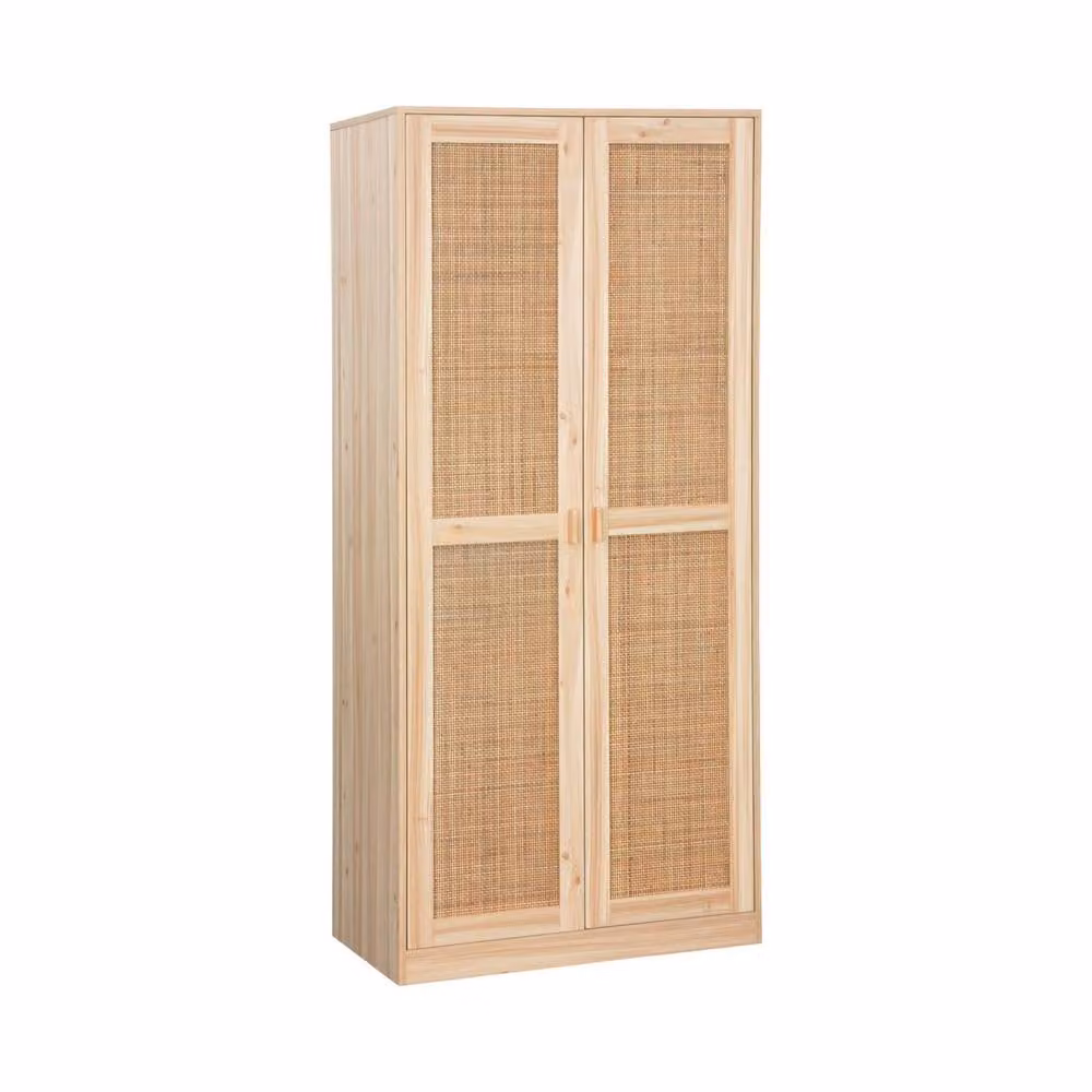 sweeek Scandinavian 2-door cane and wood effect wardrobe in beige, H: 180 cm, W: 80 cm, D: 48 cm – 2