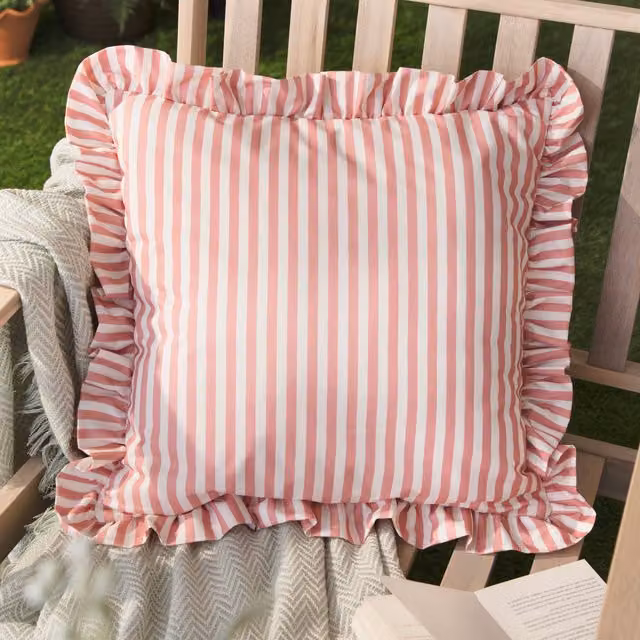 Make It A Home Millie Ruffle Striped Pink Square Outdoor Cushion