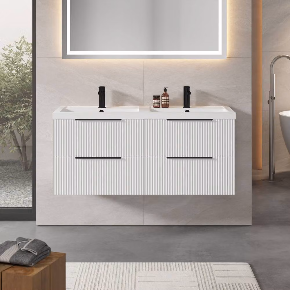 Balterley Fluted Front Wall Hung 4 Drawer Vanity Basin Unit, Satin White, W: 120 cm – 2