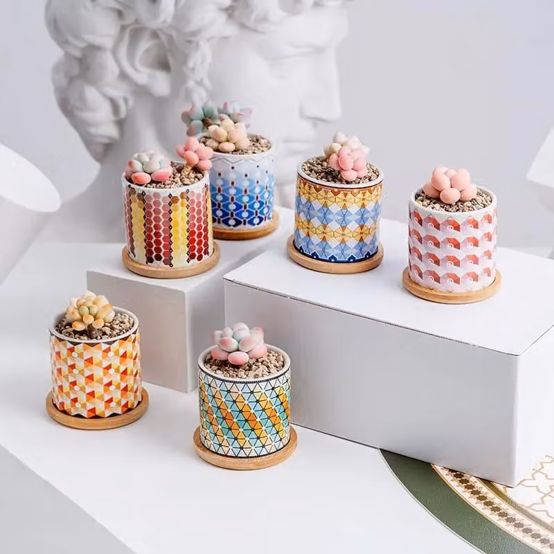 Simpa 6-Piece Multicolour Gradient Pattern Ceramic Plant Pots with Bamboo Bases – 2