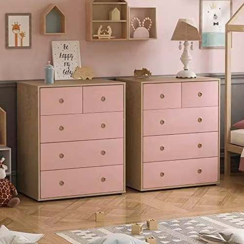 Junior Vida Neptune Set of 2 5-Drawer Chests for Childrens Bedrooms in Pink and Oak