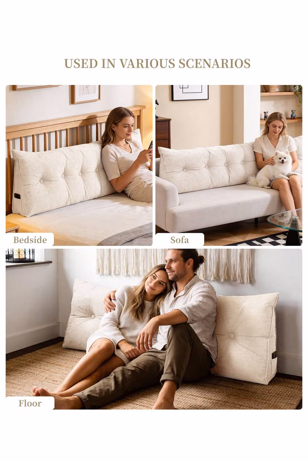 Living and Home Multifunctional Wedge Headboard Pillow with Side Pocket in Beige, Medium – 4