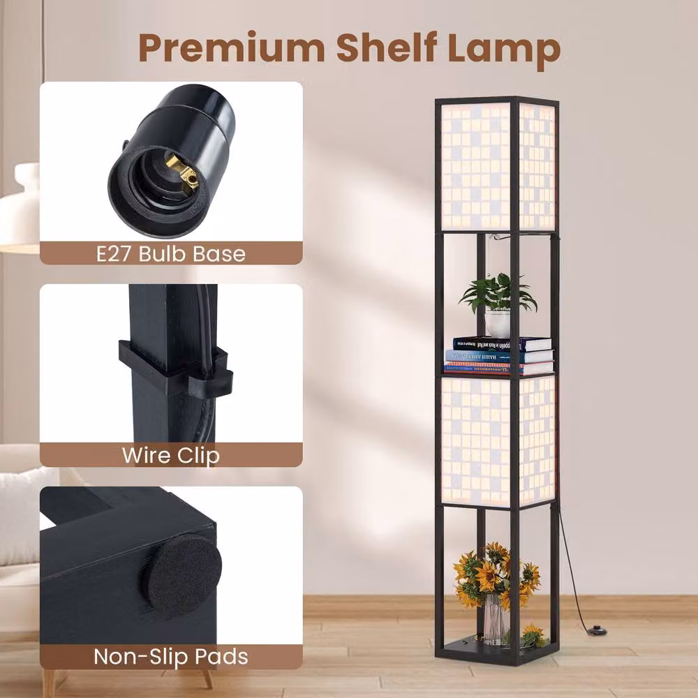 Costway 2-Light Wooden Floor Lamp with Shelves in Brown – 6