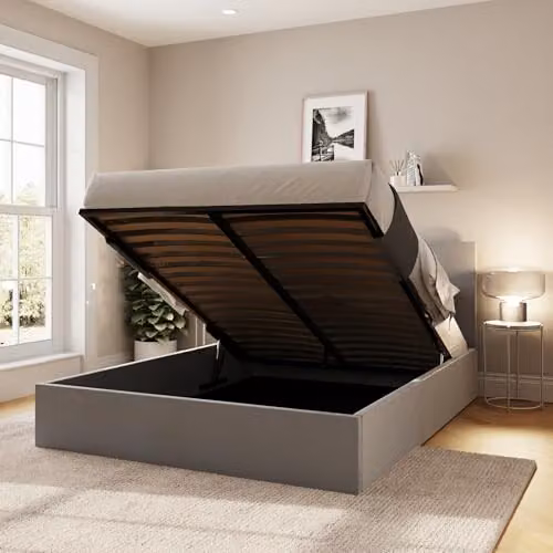 GFW King Size Charcoal Grey Upholstered Fabric Ottoman Bed Frame with Hydraulic Lift and Stitched Headboard, W/D/H: 180 x 200 cm – 2