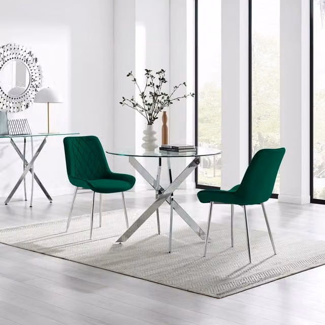 FurnitureboxUK Novara 100cm Round Glass Dining Table and 2 Pesaro Silver Leg Chairs in Green