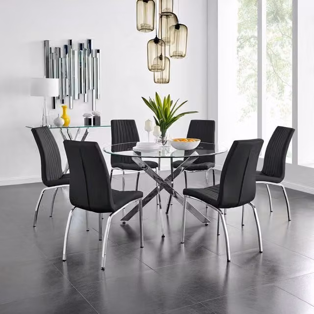 FurnitureboxUK Novara Round Glass Dining Table with 6 Black Isco Chairs Set, Chrome Metal Frame, Diameter: 120 cm