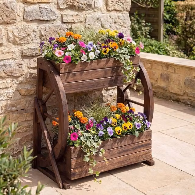 Costway 2-tier Rustic Wood Wagon Planter Raised Garden Bed with Drainage Holes in Brown
