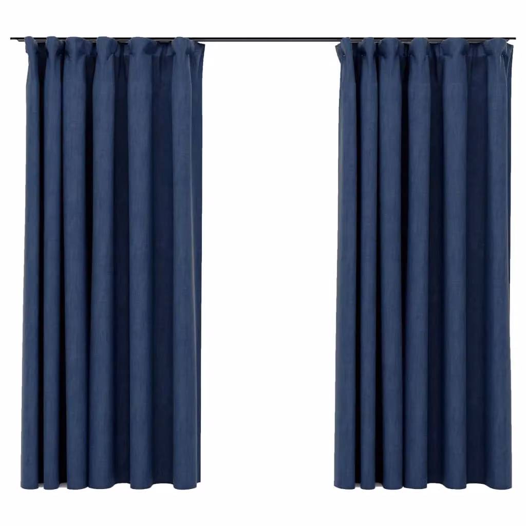 Berkfield Linen-Look Blackout Curtains with Hooks, 2 Pack, Blue, W: 140 cm, H: 175 cm – 2