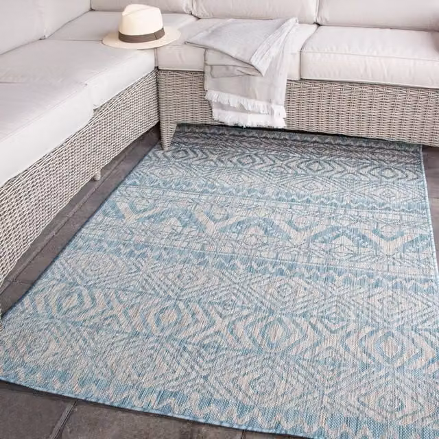 The Rug House Aztec Tribal Flatweave Rug in Turquoise and Blue, W: 170 cm, D: 120 cm