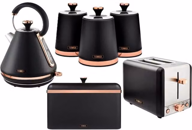 Tower Cavaletto Kitchen Bundle in Black and Gold featuring Kettle, Toaster, Bread Bin and 3 Canister Set – 1