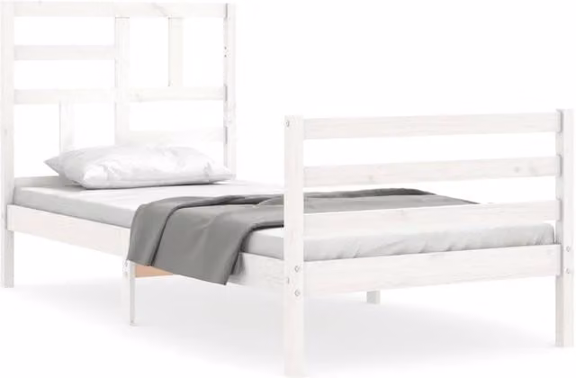 Berkfield Home Single Solid Pine Wood Bed Frame with Headboard in White – 1