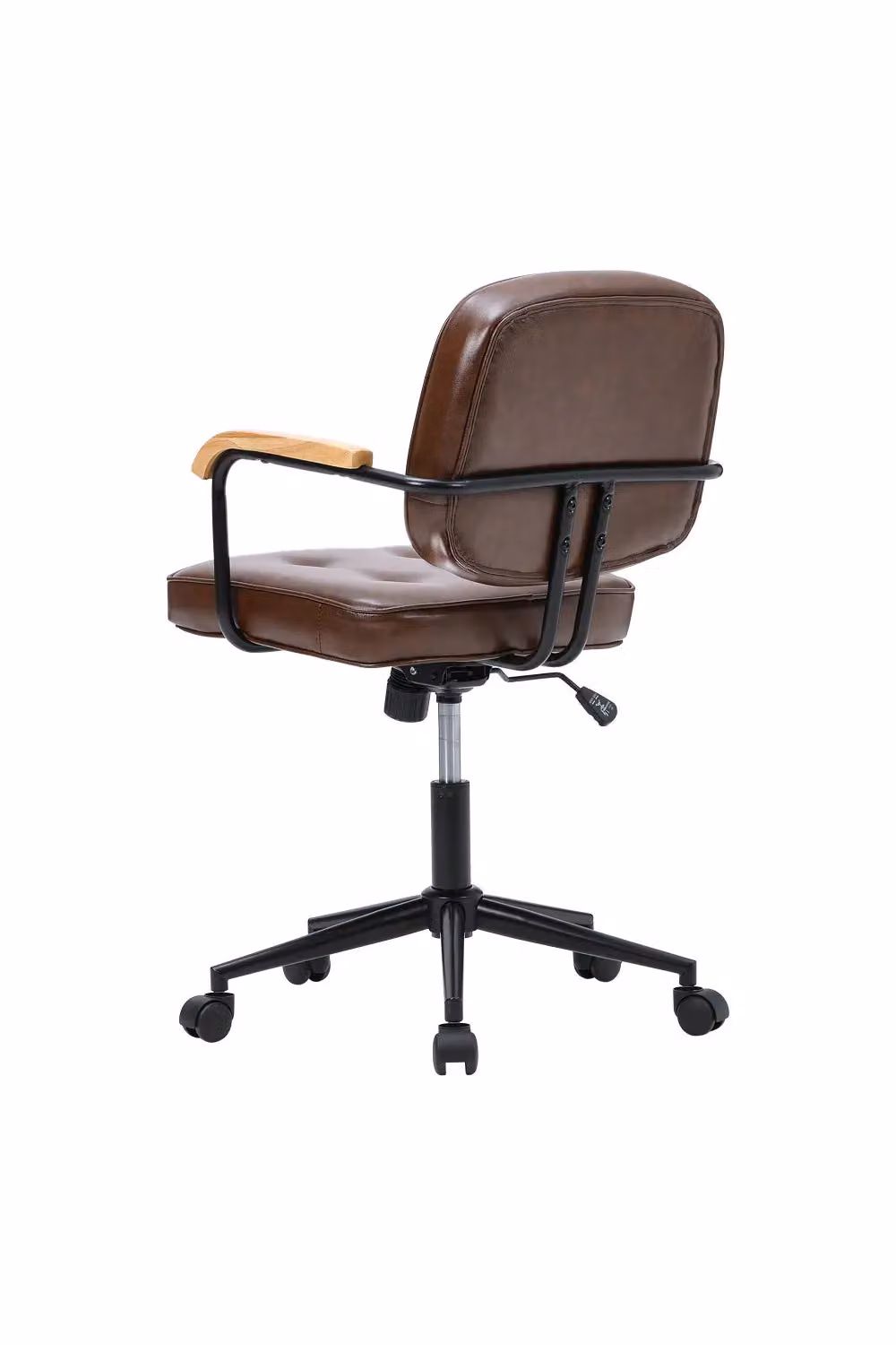 Living and Home Brown Leather Mid-Century Executive Swivel Office Chair with Wood Armrests – 3