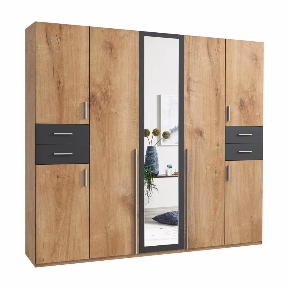 KDMD Vegas Oak 5 Door Wardrobe with 4 Drawers and Mirror in Brown – 2